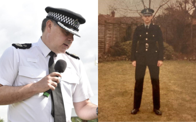 Chief Constable On the microphone at the TVP Open Day and Chief Constable as a cadet in the 1980s.